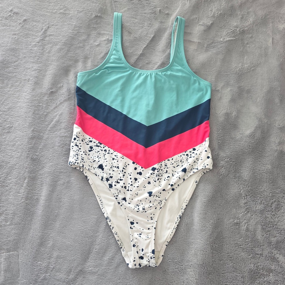 Chubbies Womens One Piece Swimsuit Medium Colorblock Splatter Print Scoop‎ Back